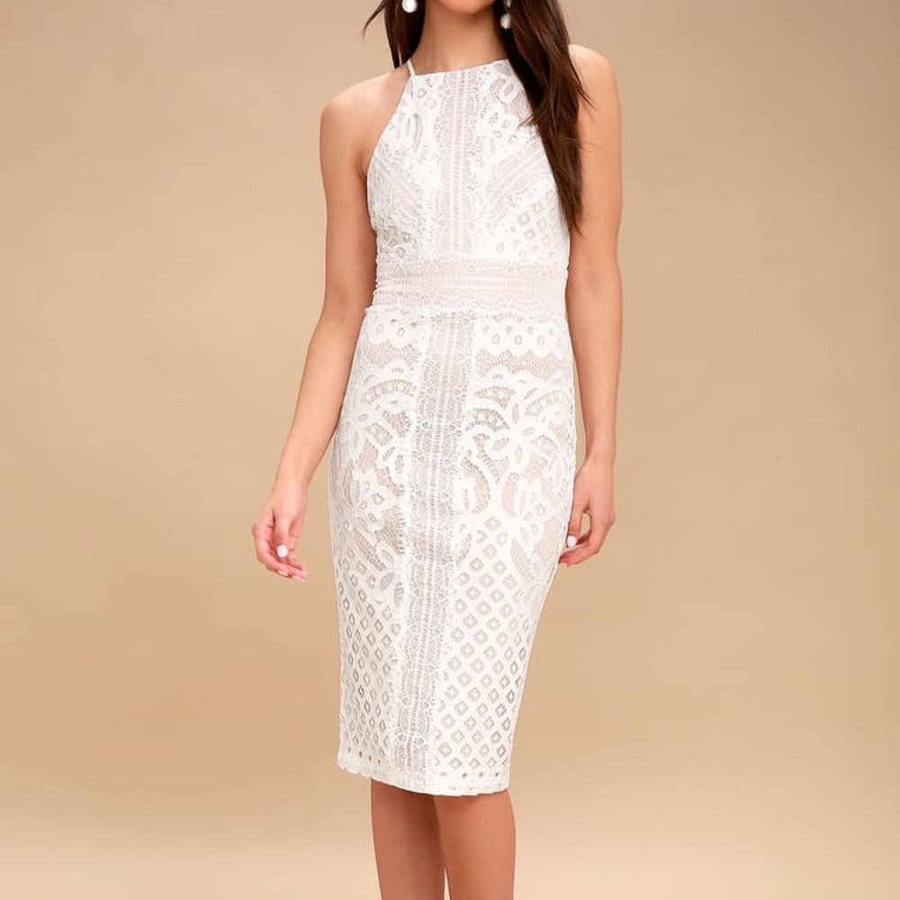 LULU’S PRIMROSE NUDE WHITE LACE BODYCON MIDI DRESS